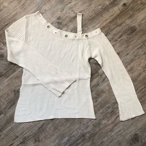 Light Cream Cold Shoulder Bell Sleeve Ribbed Sweater With Metal Decals